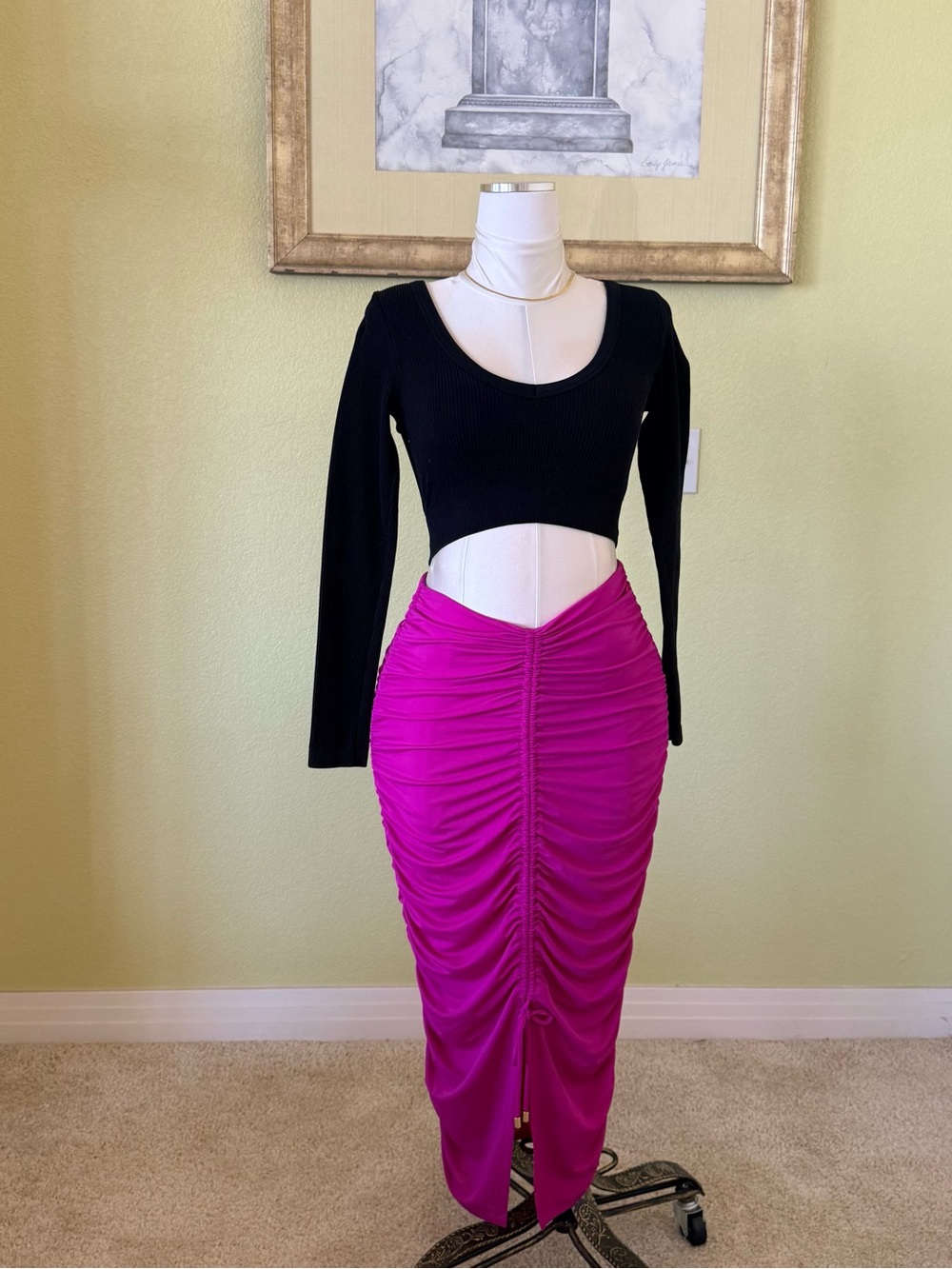 INC International Concepts Black & Fuchsia Ruched V-Front Midi Skirt